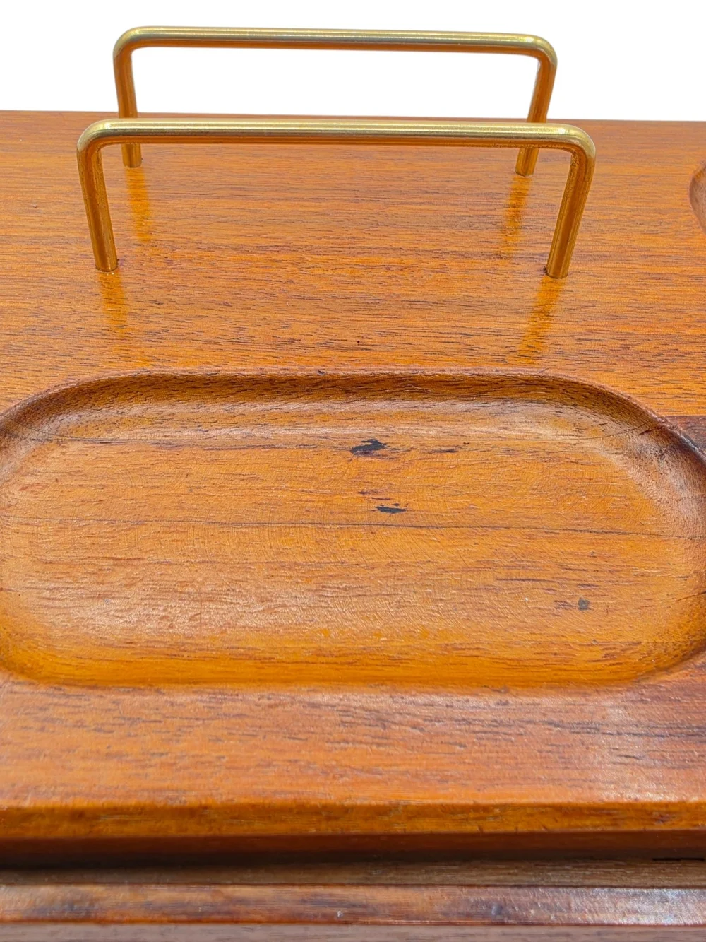 Vintage Wooden Jewelry Tray Mens  Valet with Red Velvet Interior and Gold Handle